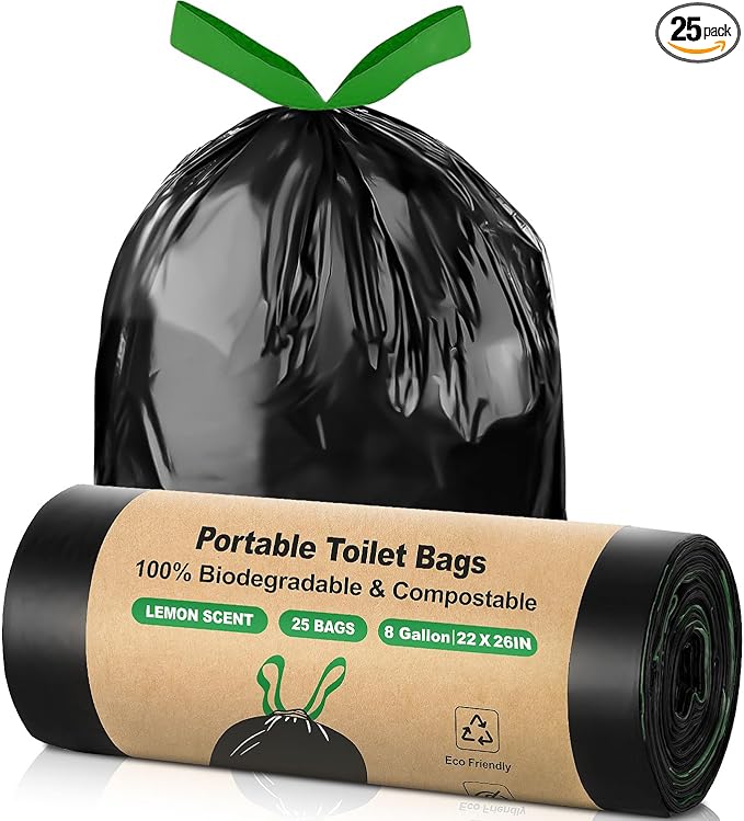 25 Portable Camping Toilet Bags Drawstring, 8 Gal Compost Bags for Potty Adults, Outdoor Waste Bag for 5 Gallon Bucket Bathroom Travel Backpacking