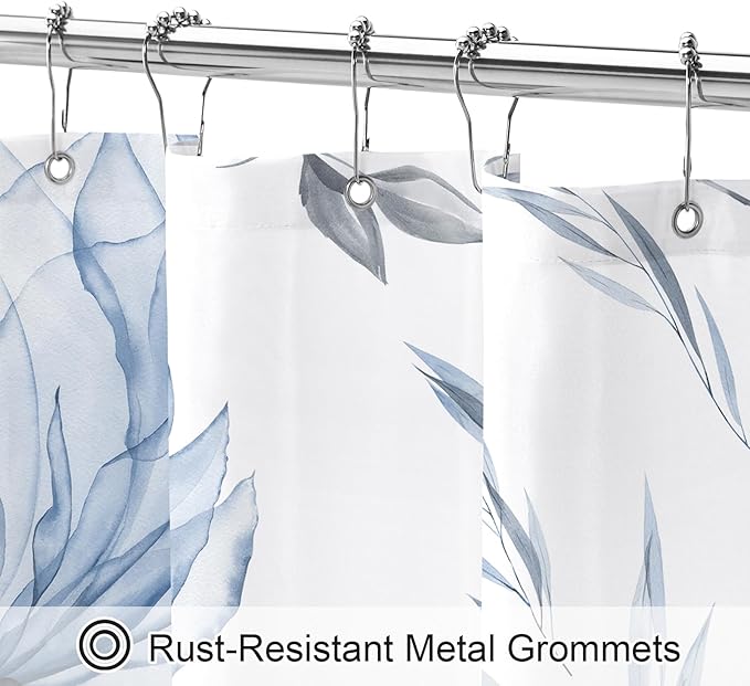 Blue and Grey Boho Watercolor Floral Shower Curtain, Ink Painting Style Blossom & Leaf Shower Curtains for Chic Elegant Bathroom, Artistic Fabric Cloth Flower Shower Curtain, 72x72