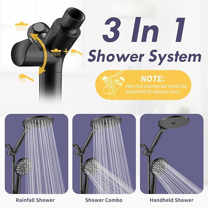HOWUWEY Dual Shower Heads with Handheld Spray Combo, 7.5" High Pressure Rainfall Showerhead, Double Shower Heads with Handheld Spray, 9 Modes Hand Showerhead with 79" Hose (Standard, Matte Black)