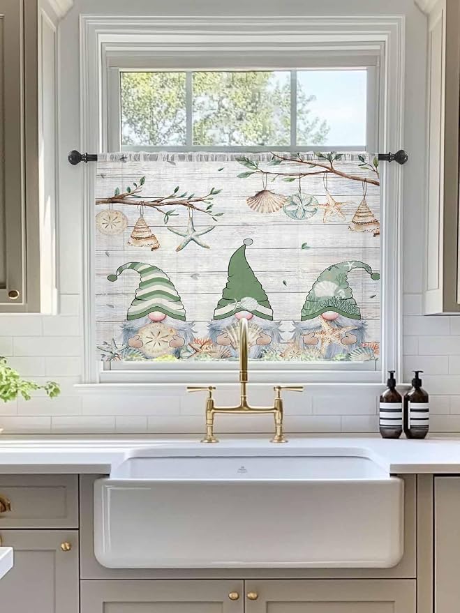 Sheer Curtains 45 Inch Length, Sage Green Gnomes Semi Sheer Curtains Light - Image 3