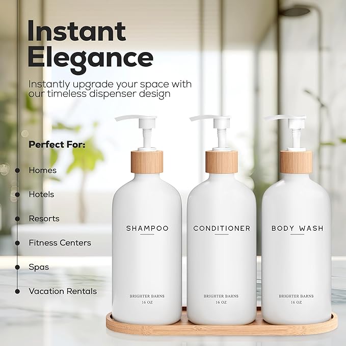 White Shampoo and Conditioner Dispenser Set by Brighter Barns - Shower Dispenser - Shampoo Conditioner Body Wash Dispenser with Pump - Shower Soap Dispenser for Bathroom Decor, Hotel, Airbnb (White)