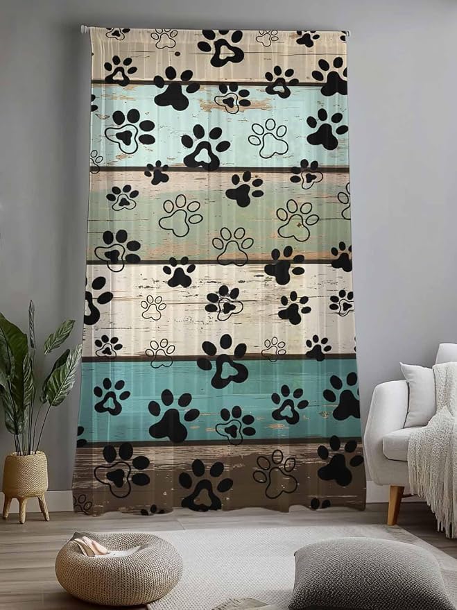 Sheer Curtains 84 Inches Long, Sage Green Brown Paw Prints Semi Sheer Curtains - Image 2