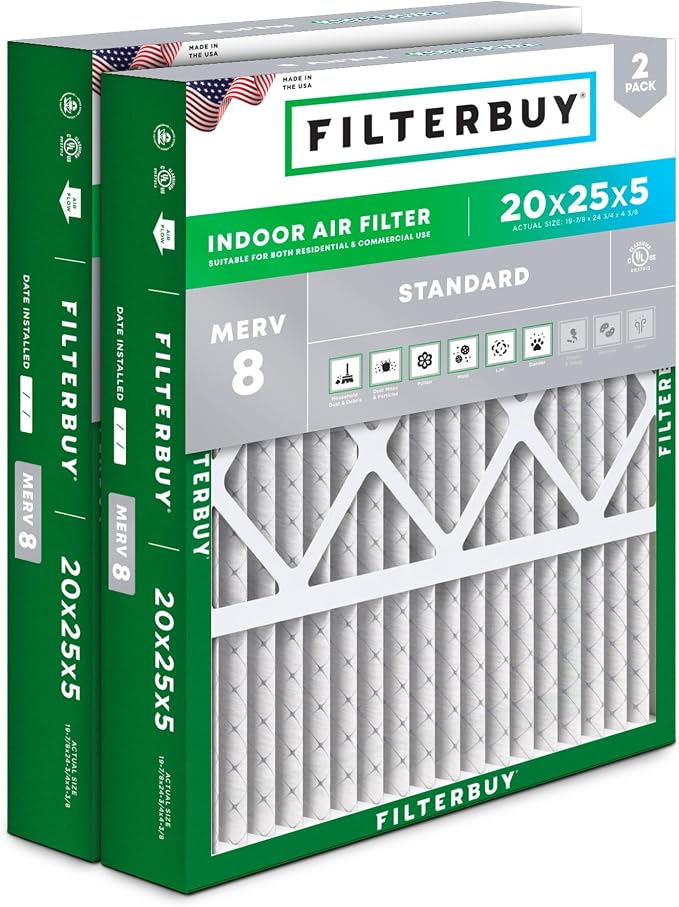 Filterbuy 20x25x5 Air Filter MERV 8 Essential Dust & Allergy Defense, Pleated by Filterbuy