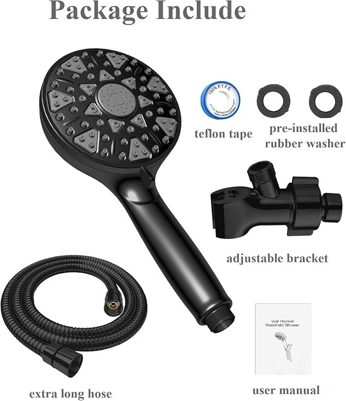 Shower Head With Handheld High Pressure 7 modes, Built-in Power Wash to Clear Tub, Tile, 5" High Powerful Hand Held Rain Showerhead with Stainless Steel Hose and Adjustable Bracket (Matte Black)