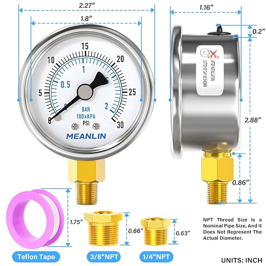 MEANLIN MEASURE 0~30Psi Dry Low Pressure Gauge Stainless Steel 1/8" NPT 2" FACE - Image 2