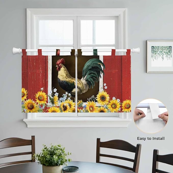 Chicken Sunflowers Kitchen Curtains 36 Inch Length, Small Window Curtains Tab - Image 4
