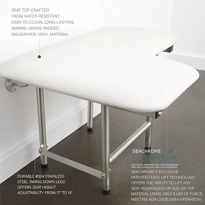 32" x 22.5" White Padded Wall Mount Folding Right-Handed Transfer Bench Shower Seat with Legs, ADA Compliant