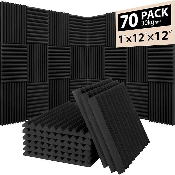 70 Pack Acoustic Foam Panels, Noise Cancelling Dampening Sound Absorbing Black by Saiqiang