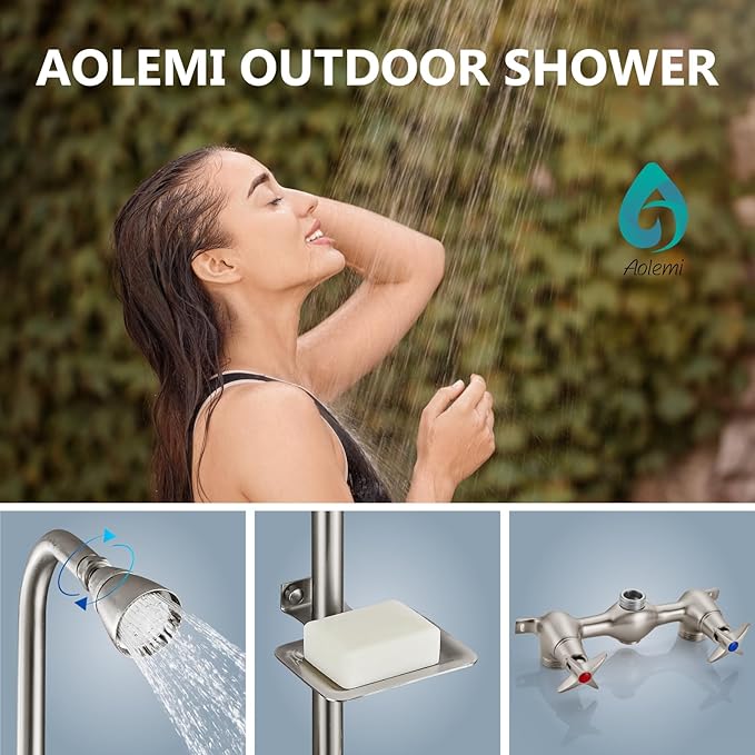 Aolemi Outdoor Shower Kit Fixtures Faucet System with High Pressure Showerhead Utility 2-Handle Exposed Shower with Brass Mix Valve 6 Inch Center with Soap Dish Brushed Nickel