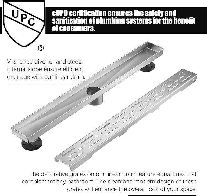HEATGENE 48-Inch Linear Shower Drain in Brushed - Stainless Steel Rectangular Shower Floor Drain - Removable Decorative Cover - Adjustable Leveling Feet - CUPC Certified