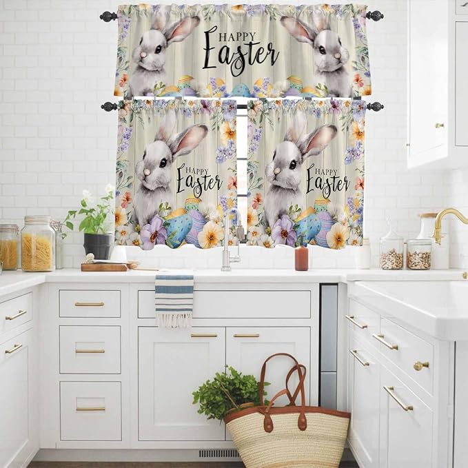 Easter Grey Bunny Kitchen Curtains Set 3 Piece - Image 3