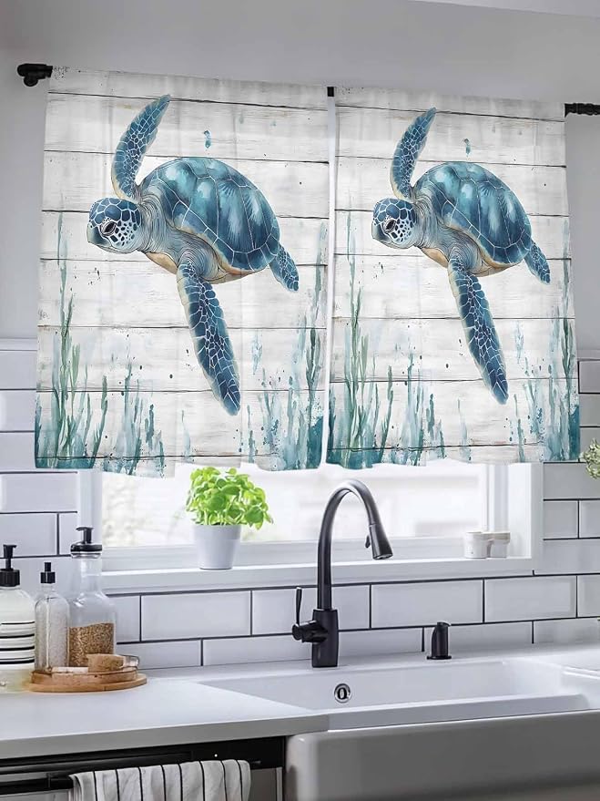 Sheer Curtains 54 Inch Length, Teal Green Ocean Turtle Semi Sheer Curtains - Image 5