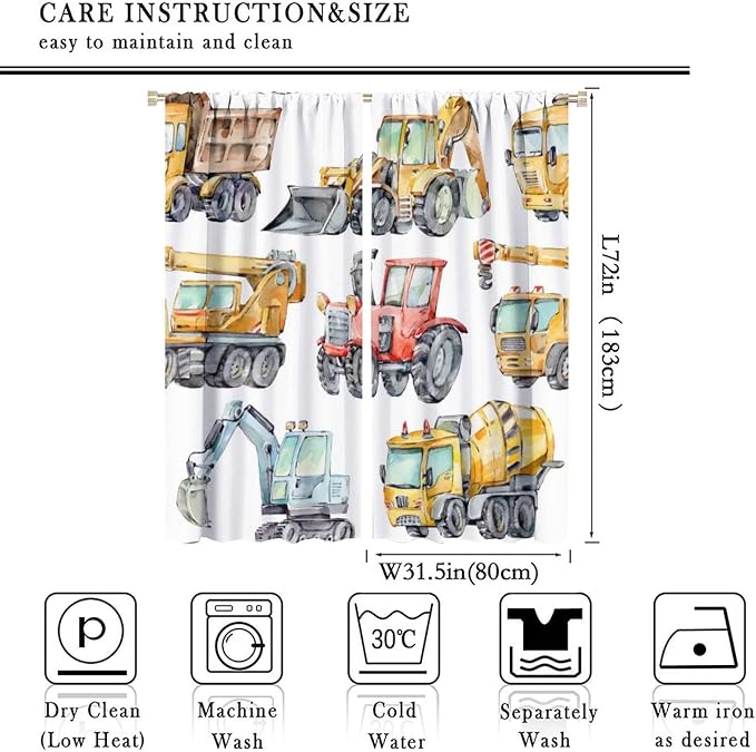 Kids Excavator Curtains, Retro Truck Tractor Machinery Construction Vehicle - Image 4