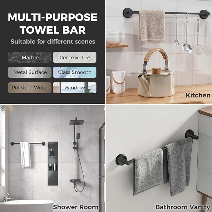 Adjustable Suction Cup Towel Bar for Bathroom Wall,14.6Inch~24 Inch Towel Racks for Bathroom,Stainless Steel Bath Towel Holder for Shower(Matte Black)