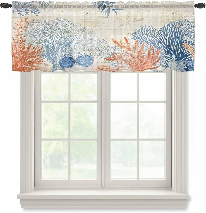Ocean Corals Sheer Valance Curtains, Summer Beach Coral Sea Stars Retro Texture by Houseown