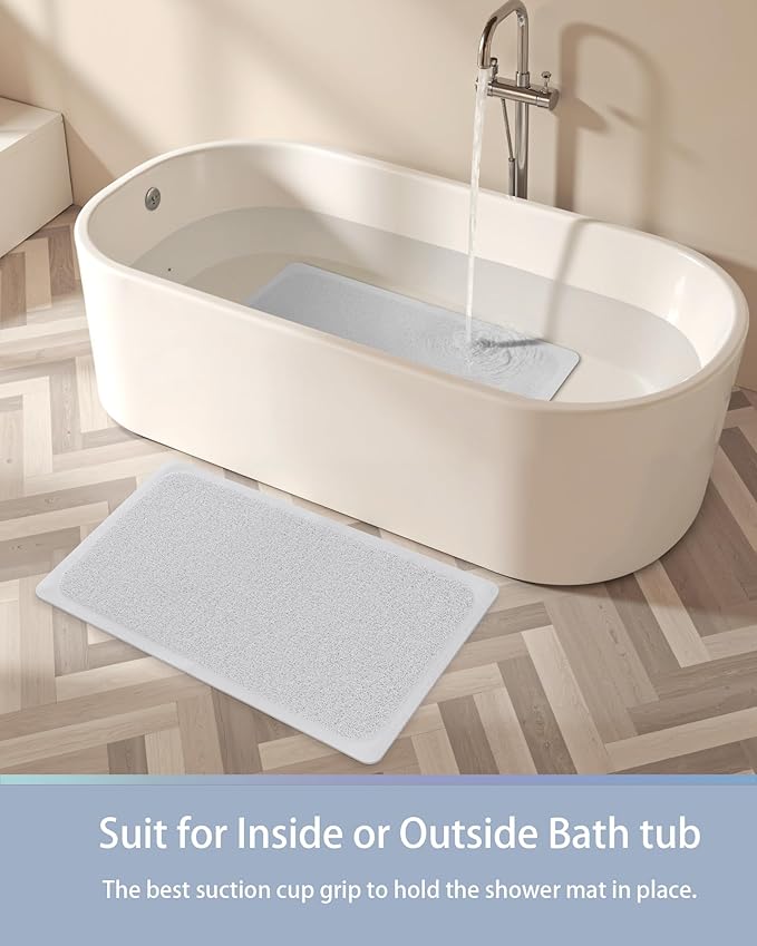 Mecko Non Slip Shower Mats,17x30 Inch,Anti-Slip Bathtub Mats with Suction Cups for Bathroom, Foot Scrubber Loofah Bath Mats for Shower, Quick Drying Shower Stall Mats for Wet Areas (White)