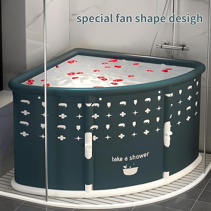 Foldable Bathtub for Adults, 28.8" Fan-Shaped Portable tub, Large Collapsible Soaking Tub Hot Bath & Ice Bath, Freestanding Corner Baths Thickened PVC No Installation Required, Indoor Outdoor