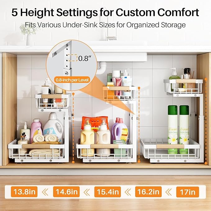 PXRACK 2 Pack Under Sink Organizer,Adjustable Height,2 Tier Pull Out Under Cabinet Organizer,Slide Out Thickened Metal Under Sink Storage for Kitchen Bathroom Laundry Cabinet Pantry,White(L)