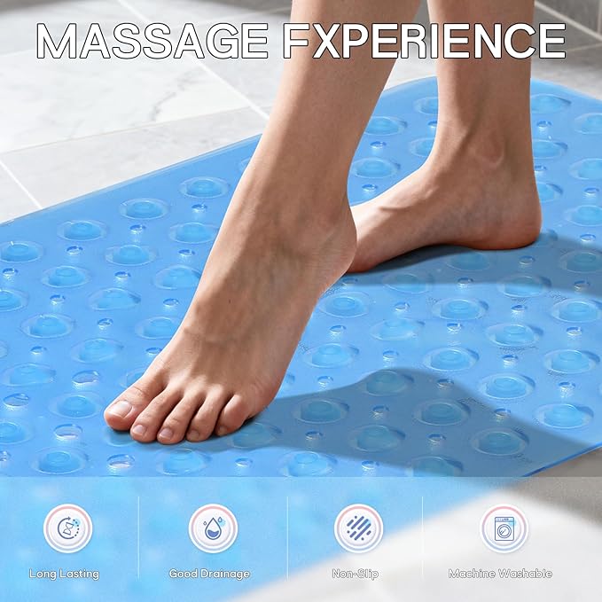 Anti-Slip Bathtub Shower mat, 39.3×15.7 inch（Approximately 100 × 40cm） Soft Oversized Machine Washable Non-Slip Bathtub mat with Drainage Holes, Bathroom Floor Suction Cup.（1-Clear Blue）