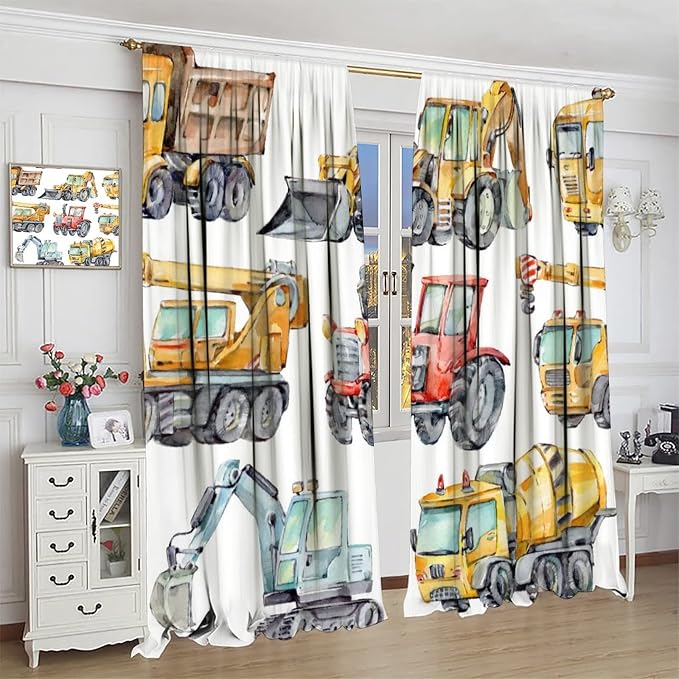 Kids Excavator Curtains, Retro Truck Tractor Machinery Construction Vehicle - Image 3