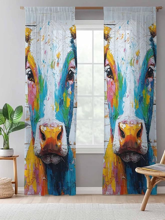 Sheer Curtains 108 Inches Long, Funny Colorful Cow Semi Sheer Curtains Light - Image 5