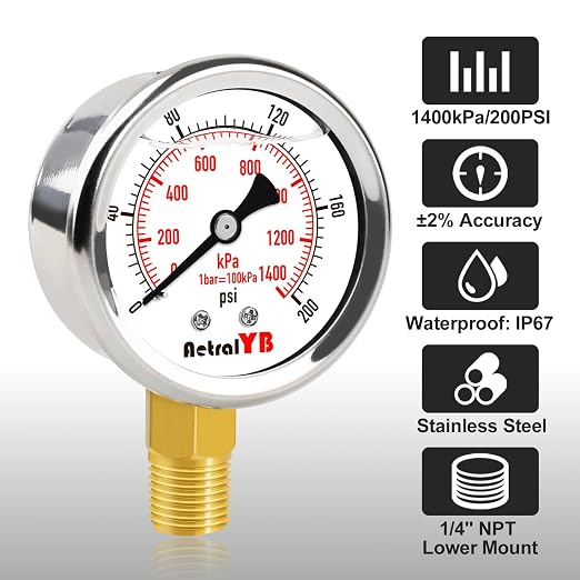 0-200 Psi 2-Inch Waterproof Pressure Gauge, Liquid-Filled, 1/4" NPT Lower Mount - Image 2