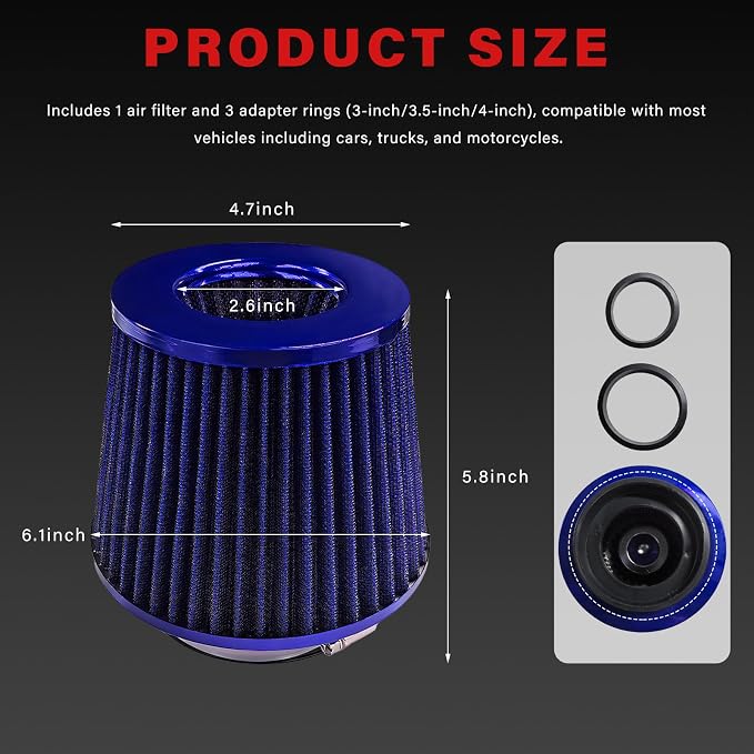 Sun Walker Clamp-on Air Intake Filter, 3/3.5/4 Inch High Flow Round Tapered Air - Image 2