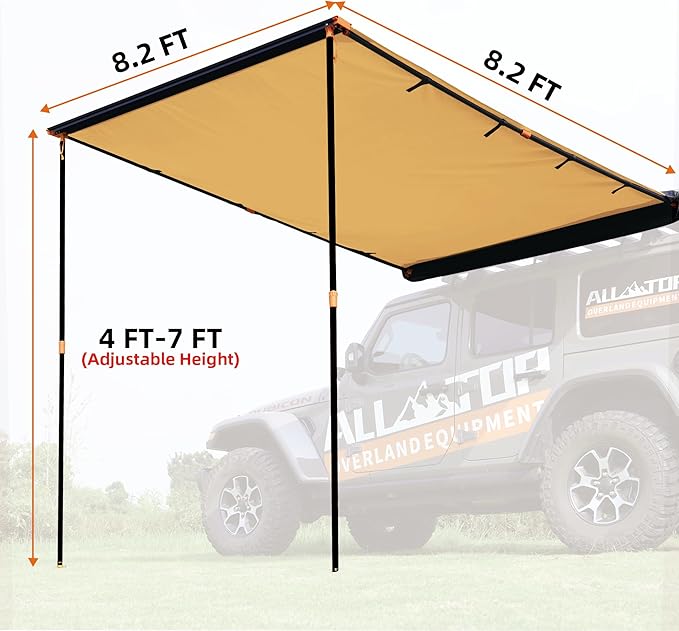ALL-TOP Vehicle Awning 8.2'x8.2' Roof Rack Pull-Out Sun Shade UV50+, Weatherproof 4x4 Side Awning for Camping & Overland (Hardware Included)