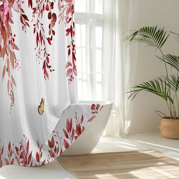 No Hook Shower Curtain and Liner Set, Red Eucalyptus Floral Shower Curtains for Bathroom, Bath Curtain Sets with Snap in Liner, Waterproof with See Through Top Window, 71x77 Inches
