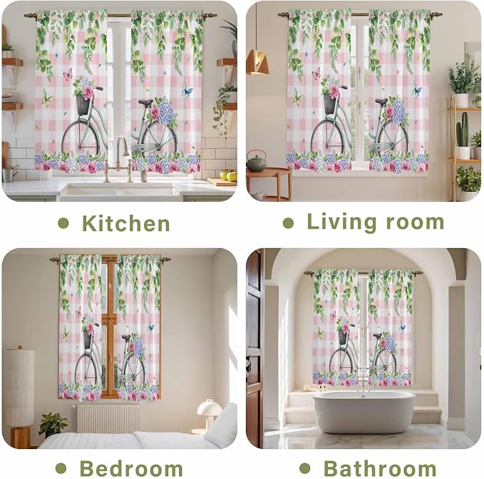 Spring Kitchen Curtains, Bicycles Leaves Butterfly Flowers Pink Buffalo Plaid - Image 8