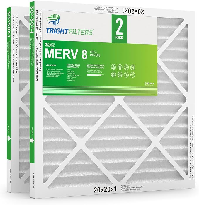 20x20x1 Air Filter 2 Pack, Durable MERV 8 Pleated Home HVAC AC Furnace Filters by TrightFilters
