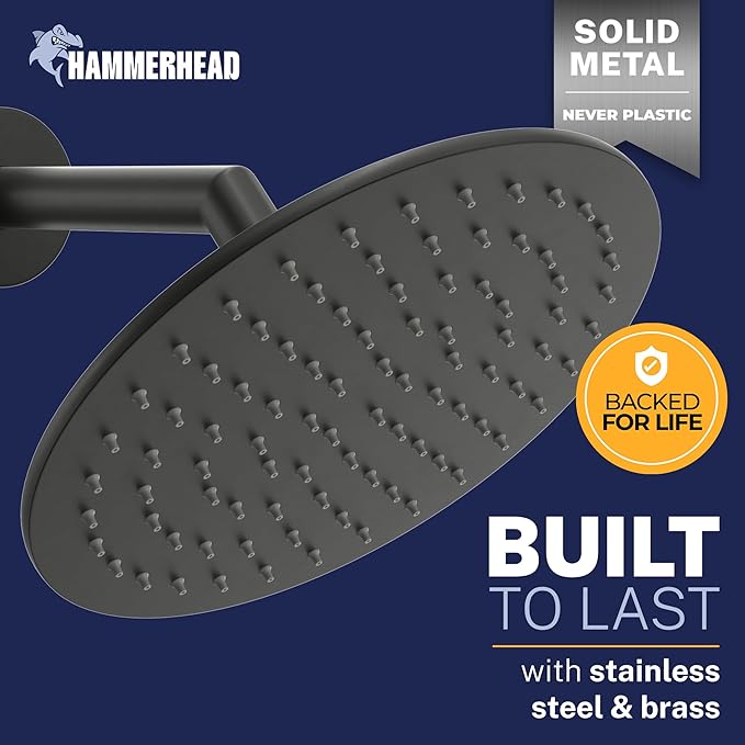 HammerHead Showers® Solid Metal 8 Inch Rainfall Shower Head – MATTE BLACK - Shower Head Rainfall - 2.5 GPM High Flow Shower Head Optimized for Pressure – Large Round Rain Shower Heads