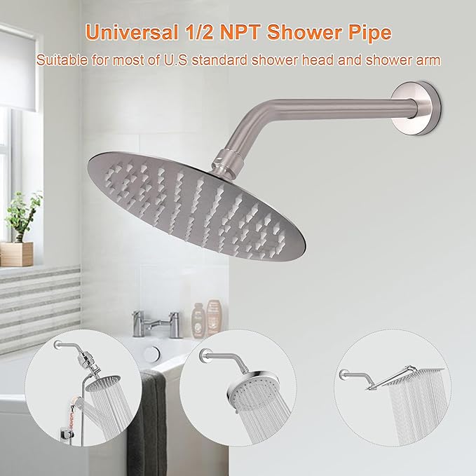 HarJue Shower Arm with Flange and Teflon Tape, Wall Mounted Shower Pipe 304 Stainless Steel Extension Arm for Fixed Shower Head & Handheld (12 Inches, Brushed Nickel)