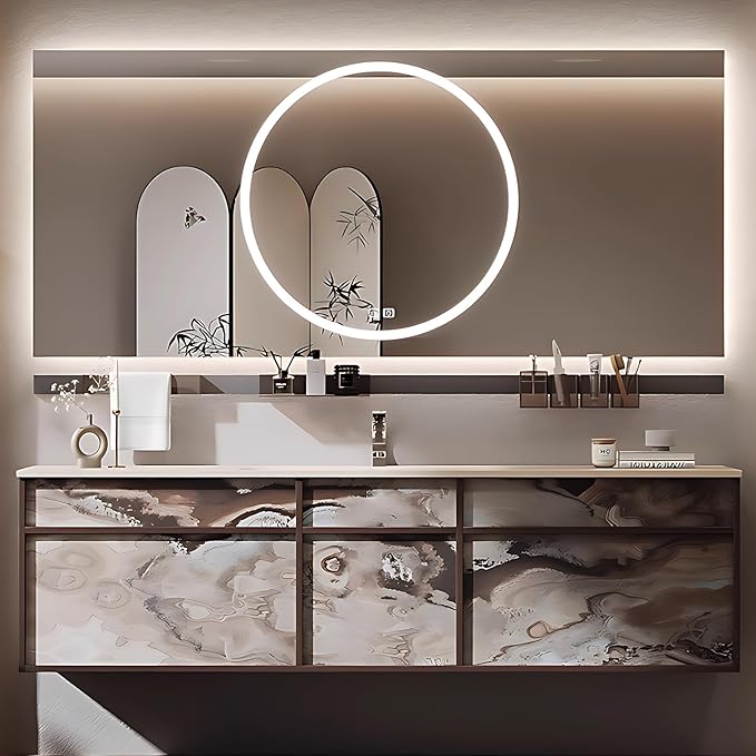 60IN Modern Bathroom Vanity with Sink - Bathroom Vanity with 2 Drawer Organizer, LED Mirror Lights & Defogging Function | Wall - Mounted Vanity with Multifunctional Storage Rack