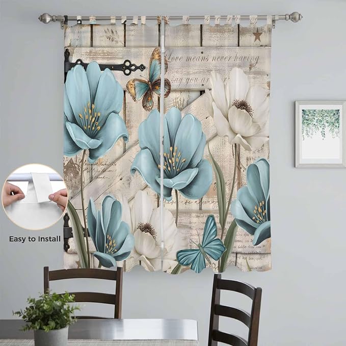 Teal Blue Tulips Living Room Curtains 84 Inch Length, Window Curtains Tab Top - Image 4