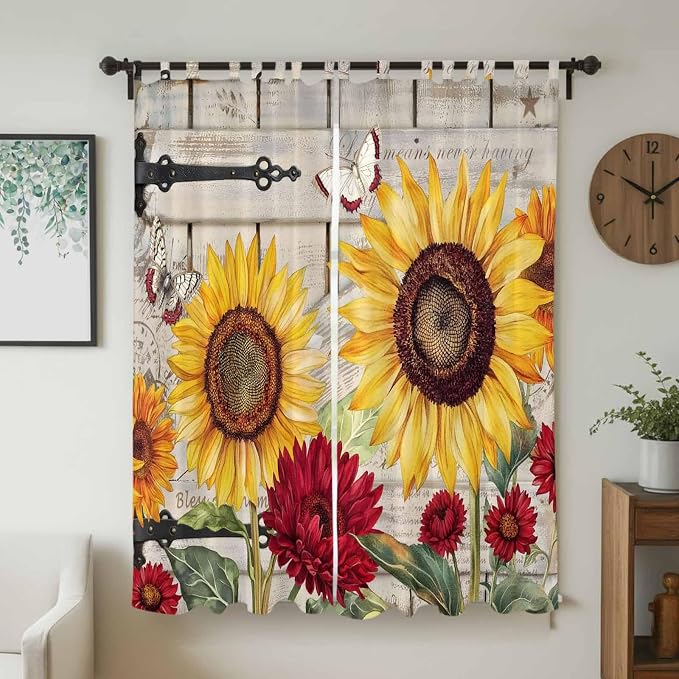 Red Yellow Sunflowers Living Room Curtains 84 Inch Length, Window Curtains Tab - Image 2