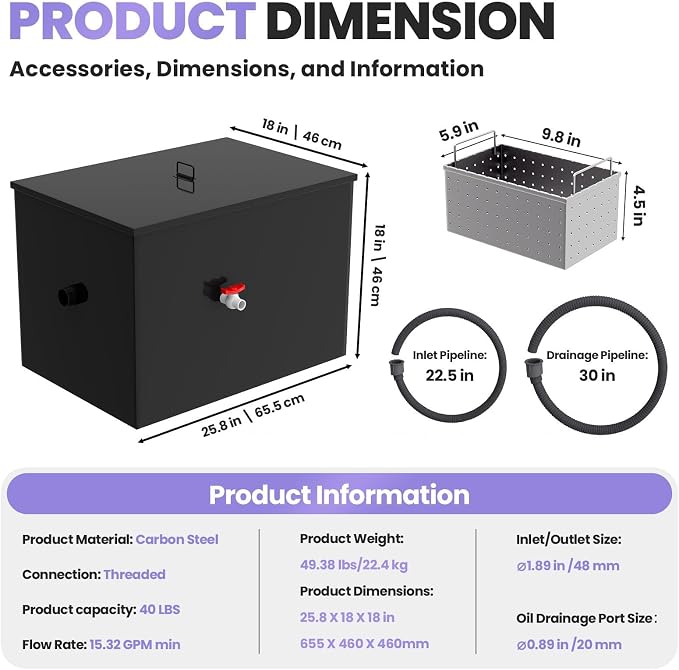 Grease Trap 40 LBS Commercial Carbon Steel Interceptor, 15 GPM Flow Rate Under - Image 2