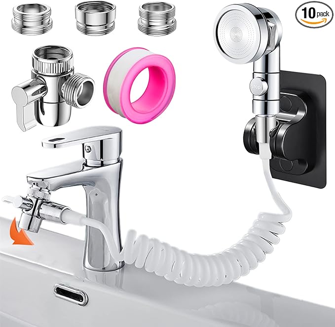 Sink Handheld Shower Kit with 9.8ft Telescopic Hose, Kitchen Bathroom Faucet Sprayer Attachment with 3 Adapters M22 M24 G1/2, for Hair Washing, Baby Shower, Pet Shower (Faucet Not Included)