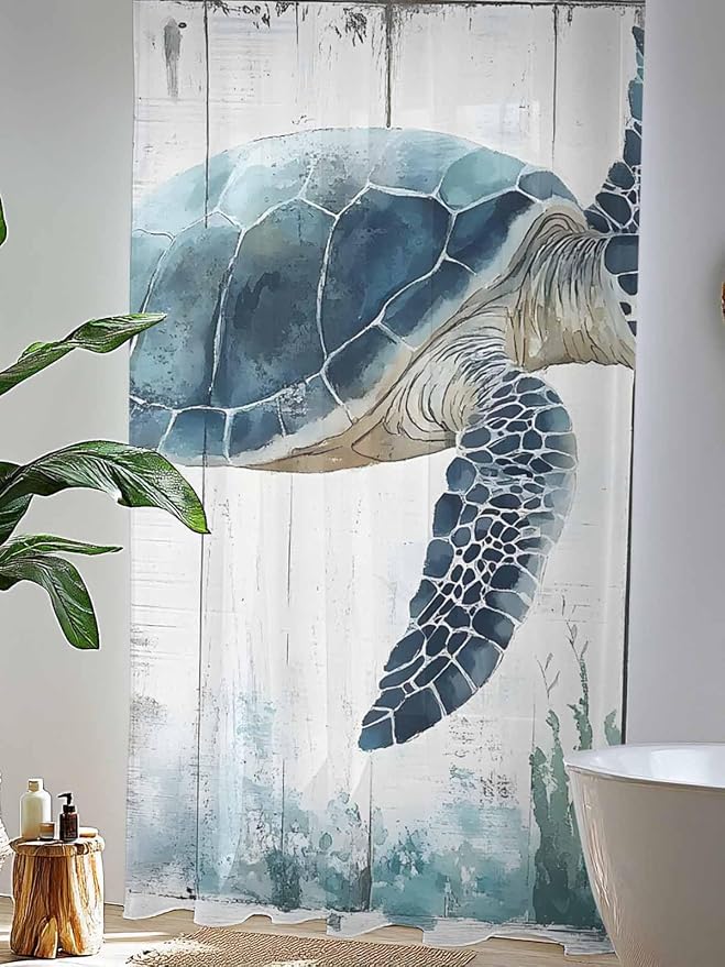 Sheer Curtains 96 Inches Long, Sea Turtle Teal Blue Semi Sheer Curtains Light - Image 4