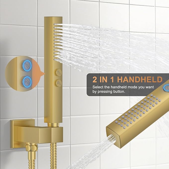 Shower Faucet Set, Ceiling Mount Rainfall Shower Head System 12" + 6" Dual Rain Shower Head Sets with 2 in 1 Handheld Spray for Bathroom with Rough-in Valve and Shower Trim Kit, Brushed Gold
