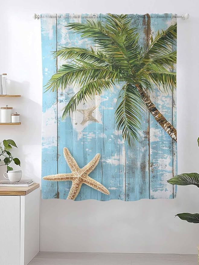 Sheer Curtains 63 Inch Length, Coastal Beach Blue Semi Sheer Curtains Light - Image 2