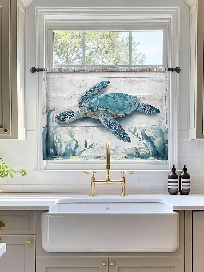 Sheer Curtains 54 Inch Length, Teal Green Sea Turtle Semi Sheer Curtains Light - Image 3