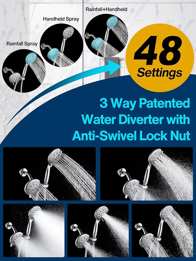 Cobbe 48-Setting High Pressure 3-Way Shower Head Combo, Hand Held Shower & Rain Shower Separately or Together, 4.7" Dual 2 in 1 Showerhead with Hose - Brushed Nickel - U.S. Invention Patents