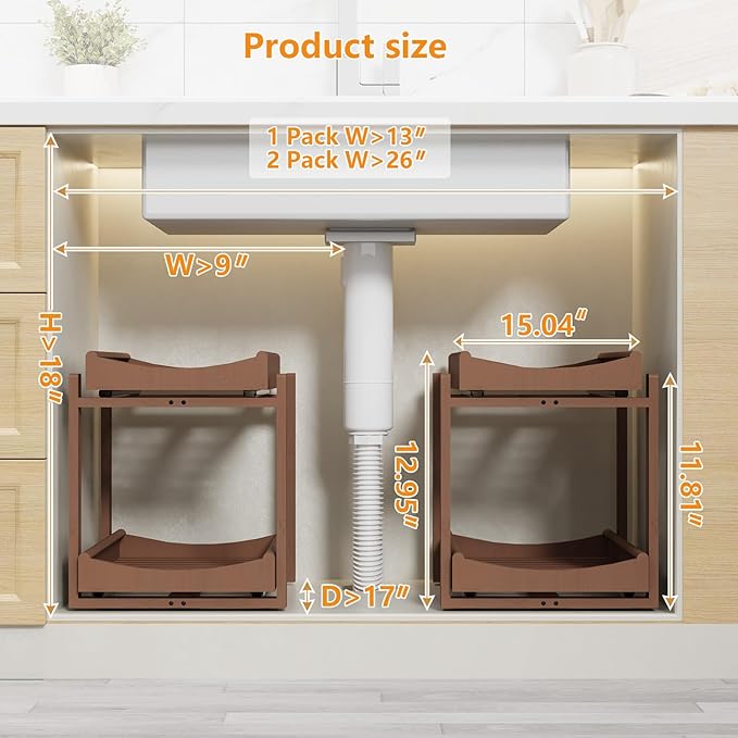 Bamboo Under Sink Organizer Adjustable Height 2 Tier Bathroom Organizer Pull Out Cabinet Storage Kitchen Heave Duty Wood Slide Ou Shelf for Kitchen Bathroom (Brown, 2 Packs)