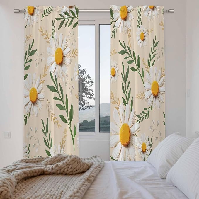 Spring Daisy Kitchen Curtains, Country Watercolor Flower Leaf Plant Light - Image 4