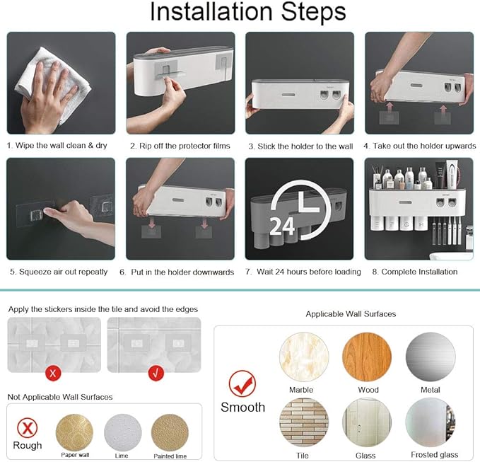 Toothbrush Holders Wall Mounted, Toothbrush Holder with Automatic Toothpaste Dispensers, 6 Brush Slots, 3 Magnetic Cups,1 Cosmetic Drawer Organizer and 1 Large Storage Tray