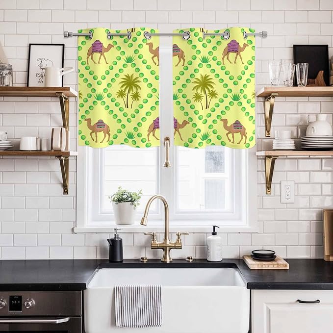 2 Panel Kitchen Cafe Curtains, Desert Sand Camels Sunlight Filtering Nature Air - Image 2