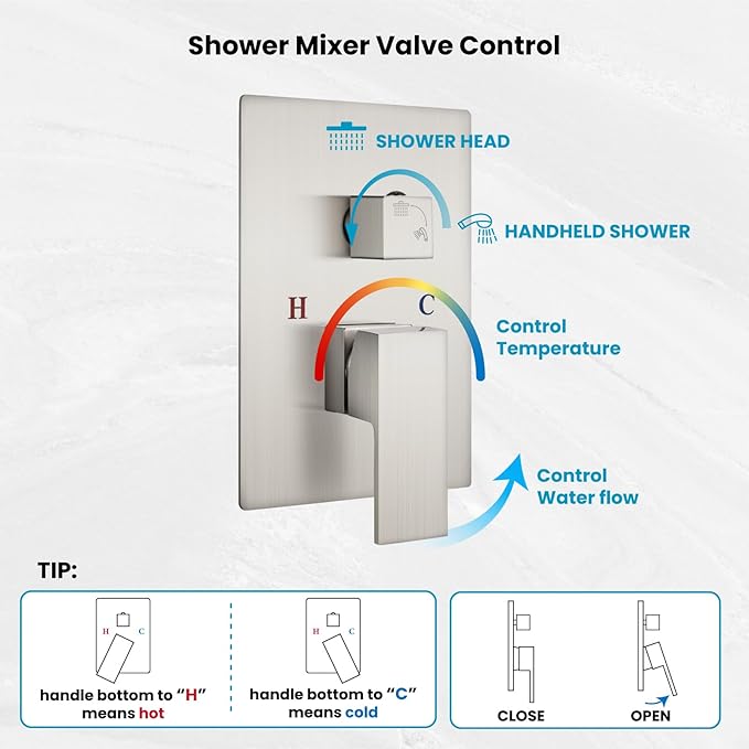 gotonovo Rainfall Bathroom Shower System Rain Shower Head and Handle Set Wall Mounted Shower Complete Combo Solid Brass Pressure Balancing Shower Mixer Valve 12 Inch Brushed Nickel