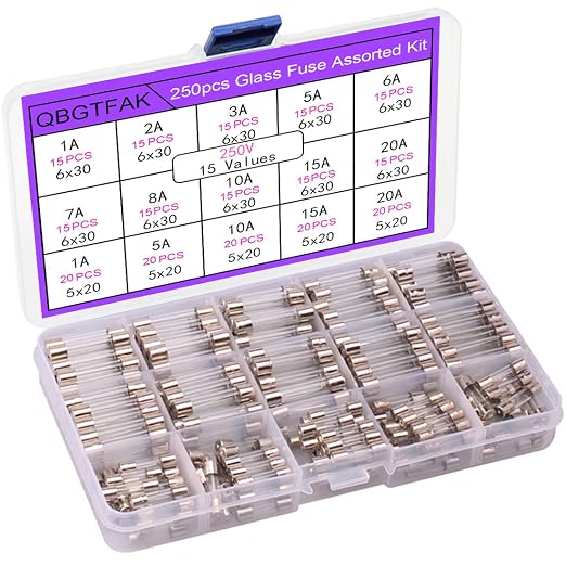 15 Values 250 pcs Fast-Blow Glass Fuses Assortment Kit 6x30mm 250V 1A, 250V 1A by QBGTFAK