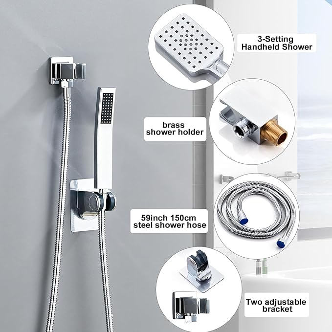 10 Inch Ceiling Mount Shower Faucet Set, Silver Rainfall Shower System with Valve Trim, Square Rain Shower Spray Combo Luxury Shower Fixtures Polish Chrome Shower Head and Handle Set